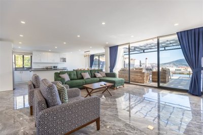 Flawless Sea-View Villa For Sale In Kalkan - Lounge with terrace 